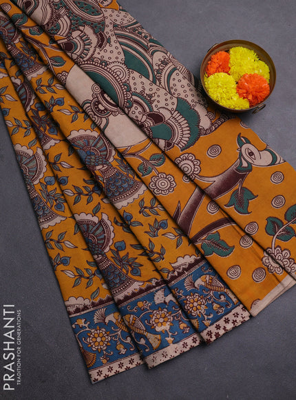 Yellow & Teal Blue Kalamkari Cotton Saree
