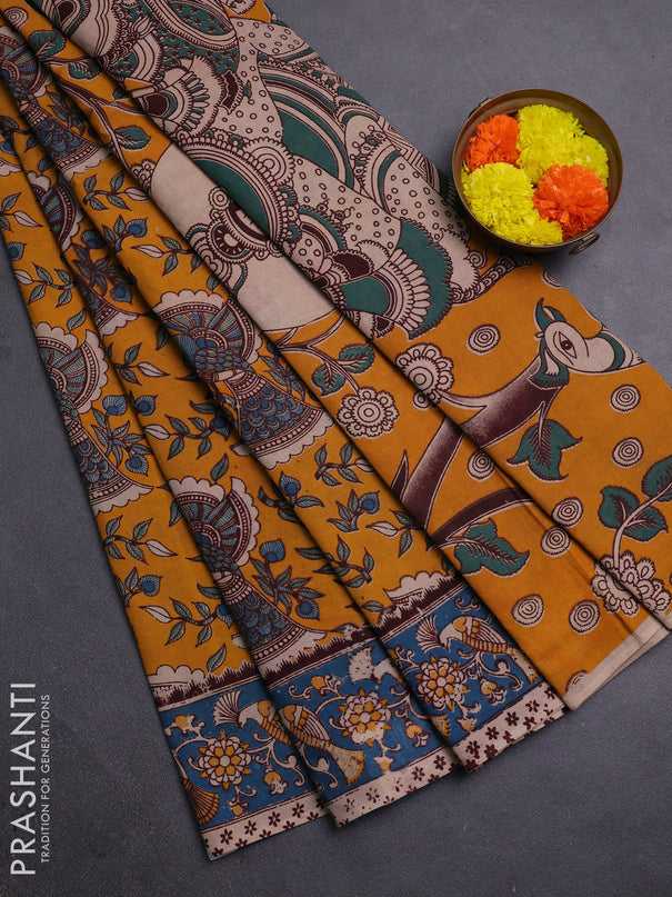Yellow & Teal Blue Kalamkari Cotton Saree