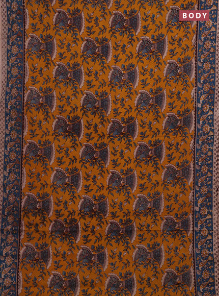 Yellow & Teal Blue Kalamkari Cotton Saree