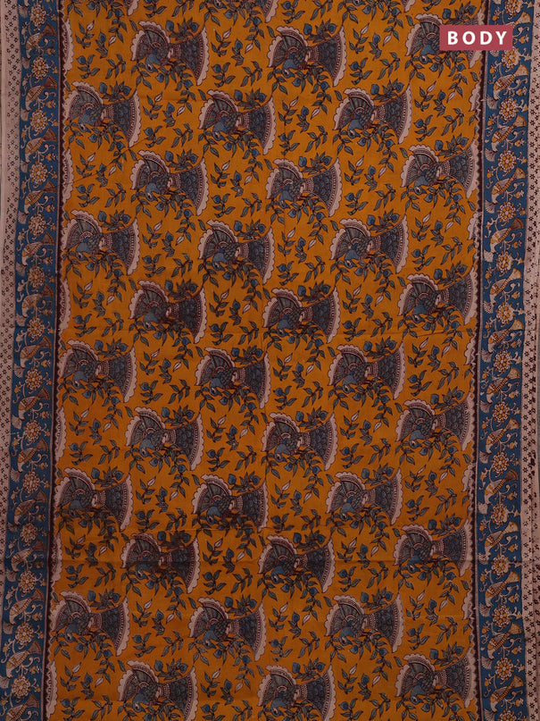Yellow & Teal Blue Kalamkari Cotton Saree