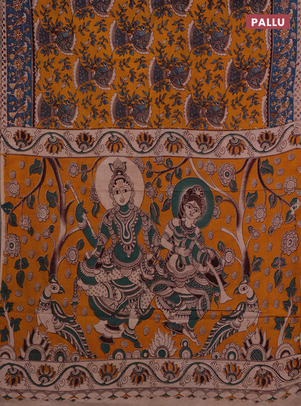 Yellow & Teal Blue Kalamkari Cotton Saree