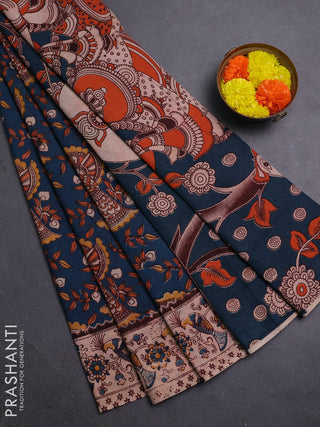 Teal Blue & Beige Kalamkari Cotton Saree