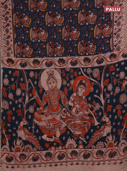 Teal Blue & Beige Kalamkari Cotton Saree
