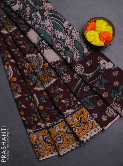 Coffee Brown & Mustard Yellow Kalamkari Cotton Saree