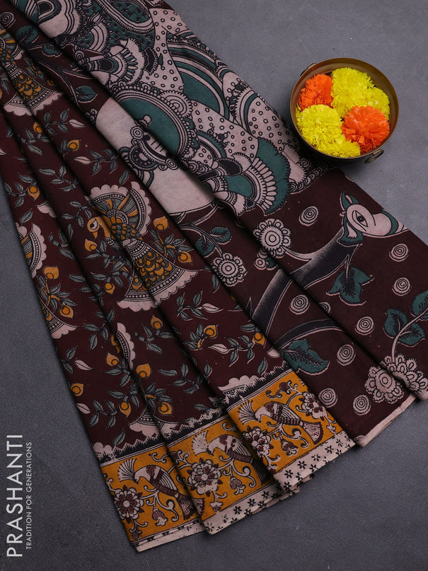 Coffee Brown & Mustard Yellow Kalamkari Cotton Saree