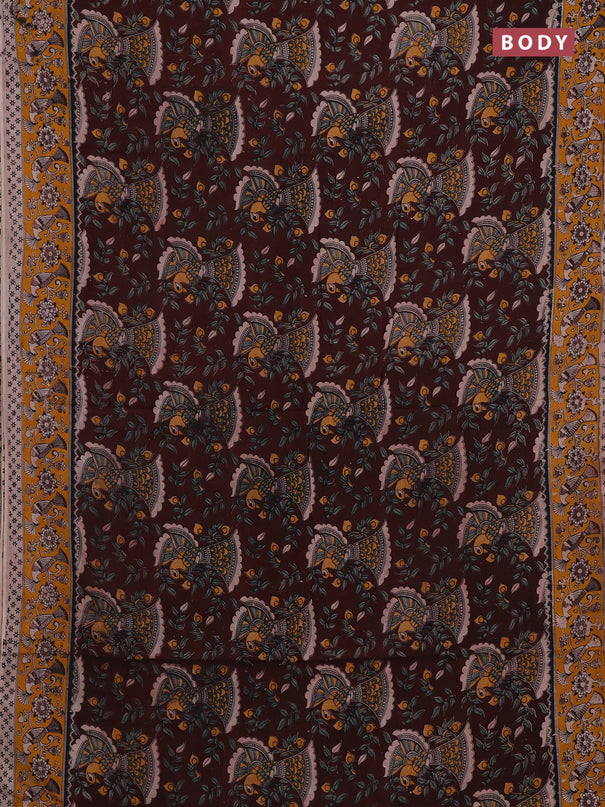 Coffee Brown & Mustard Yellow Kalamkari Cotton Saree