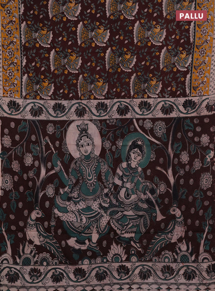 Coffee Brown & Mustard Yellow Kalamkari Cotton Saree