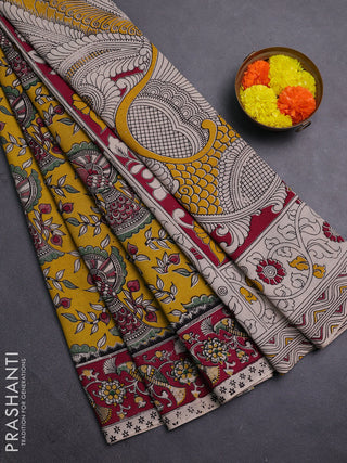Yellow & Magenta Pink Kalamkari Cotton Saree