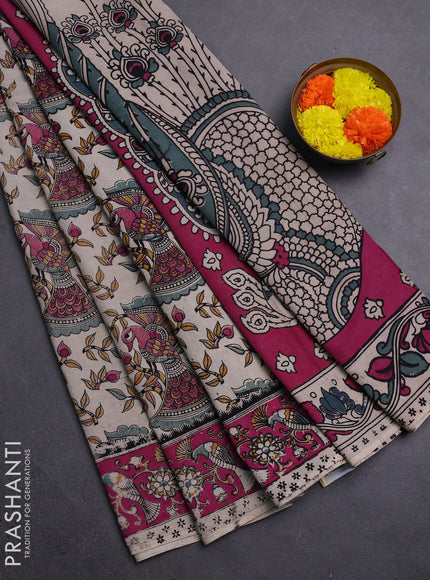 Beige & Magenta Pink Kalamkari Cotton Saree