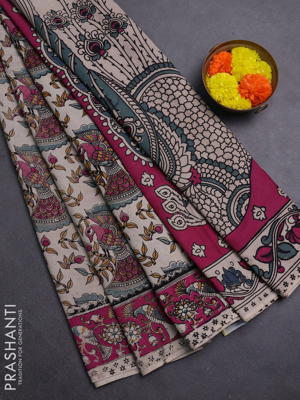 Beige & Magenta Pink Kalamkari Cotton Saree