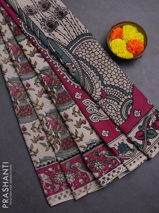 Beige & Magenta Pink Kalamkari Cotton Saree