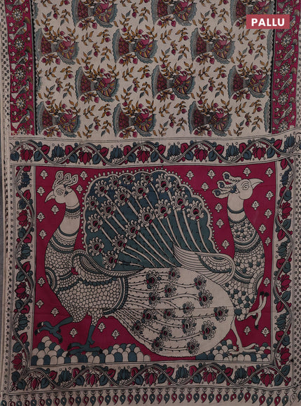 Beige & Magenta Pink Kalamkari Cotton Saree