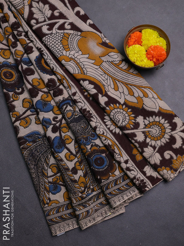 Beige & Mustard Yellow Kalamkari Cotton Saree