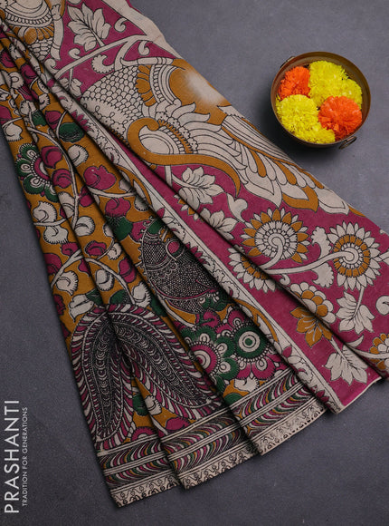 Mustard Yellow & Pink Kalamkari Cotton Saree