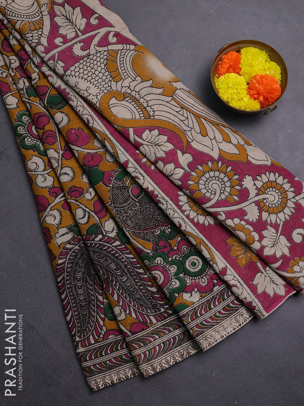 Mustard Yellow & Pink Kalamkari Cotton Saree