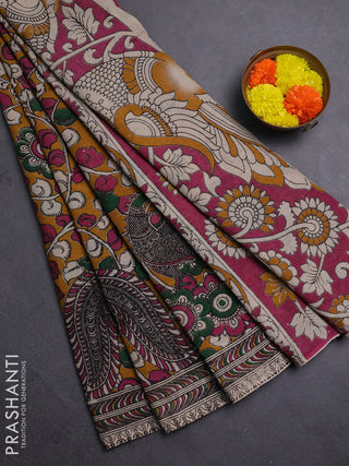 Mustard Yellow & Pink Kalamkari Cotton Saree