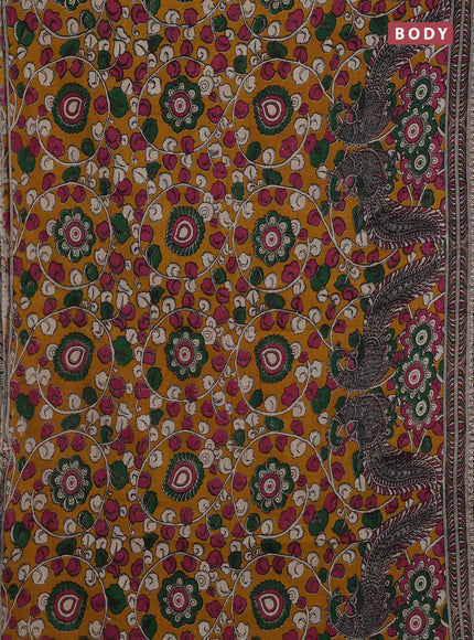 Mustard Yellow & Pink Kalamkari Cotton Saree