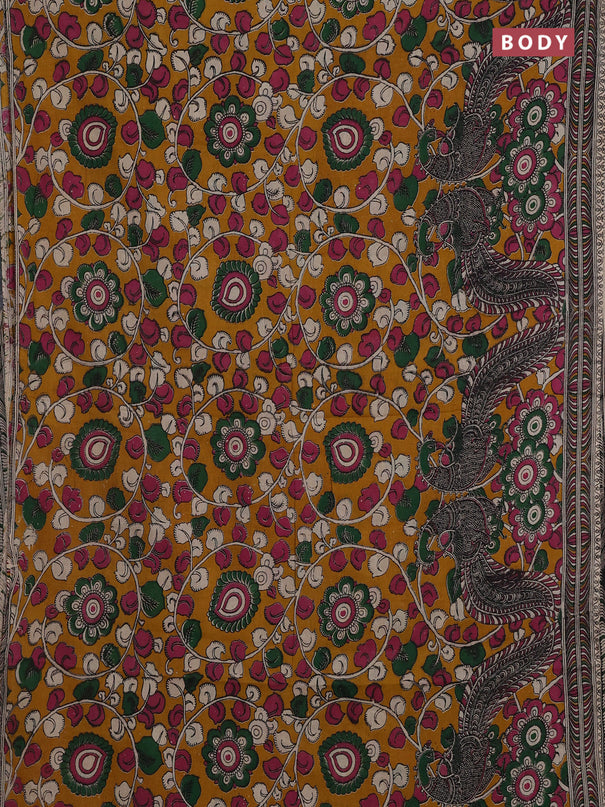Mustard Yellow & Pink Kalamkari Cotton Saree