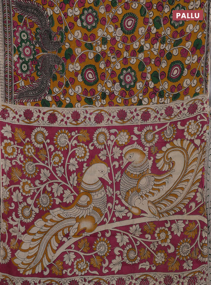 Mustard Yellow & Pink Kalamkari Cotton Saree