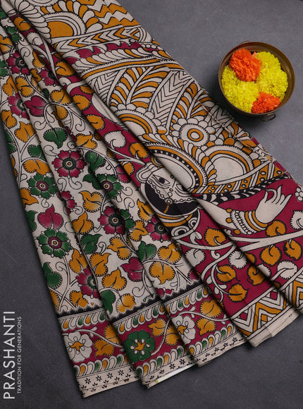 Beige & Magenta Pink Kalamkari Cotton Saree