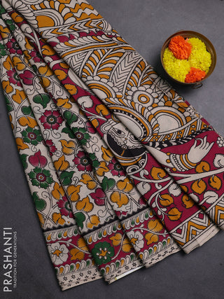 Beige & Magenta Pink Kalamkari Cotton Saree