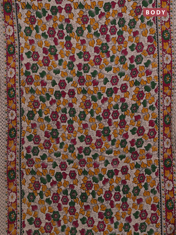 Beige & Magenta Pink Kalamkari Cotton Saree