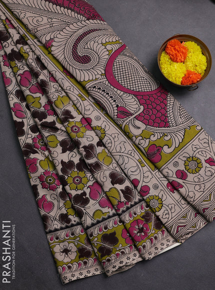 Beige & Mehendi Green Kalamkari Cotton Saree