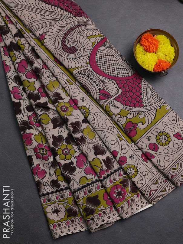 Beige & Mehendi Green Kalamkari Cotton Saree