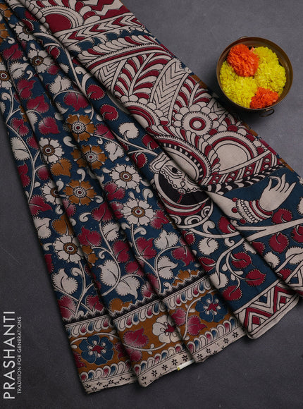 Peacock Green & Mustard Yellow Kalamkari Cotton Saree