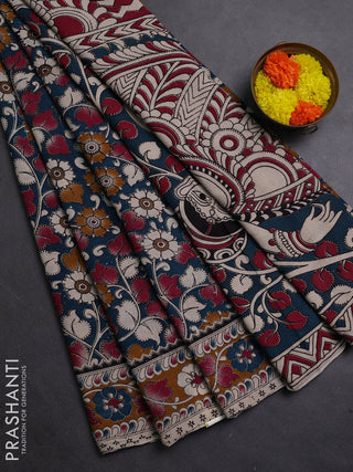 Peacock Green & Mustard Yellow Kalamkari Cotton Saree