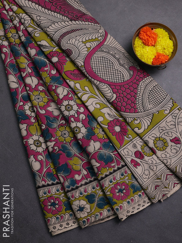 Pink & Green Kalamkari Cotton Saree