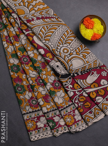 Mustard Yellow & Magenta Pink Kalamkari Cotton Saree