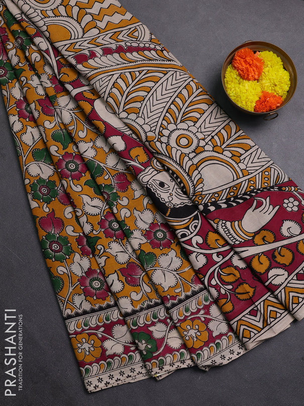 Mustard Yellow & Magenta Pink Kalamkari Cotton Saree