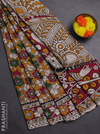 Mustard Yellow & Magenta Pink Kalamkari Cotton Saree