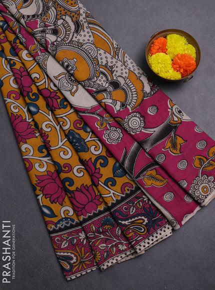 Mustard Yellow & Pink Kalamkari Cotton Saree