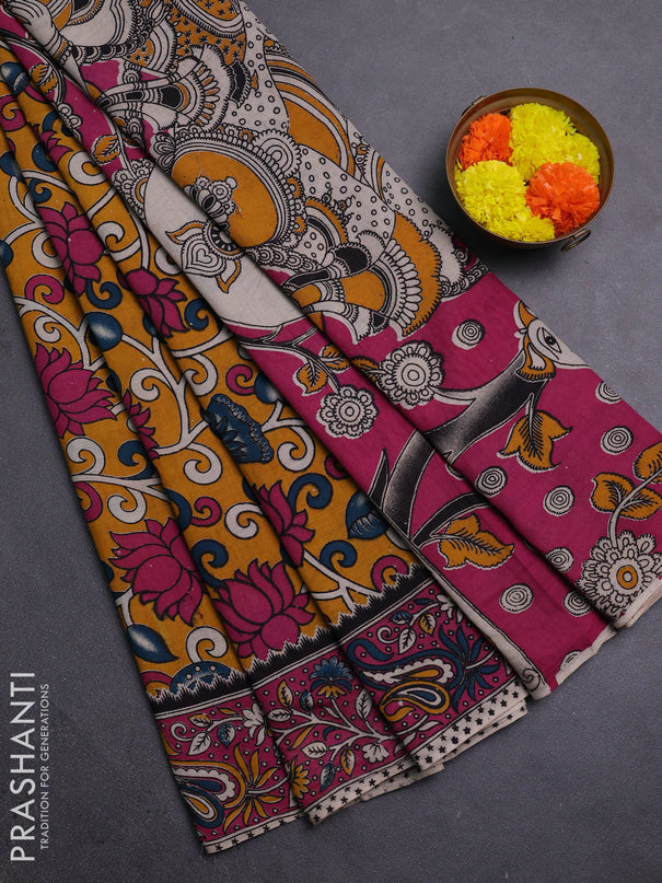 Mustard Yellow & Pink Kalamkari Cotton Saree