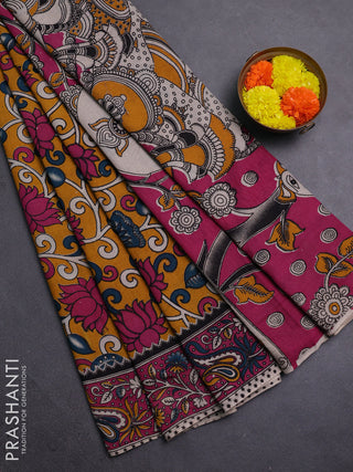Mustard Yellow & Pink Kalamkari Cotton Saree