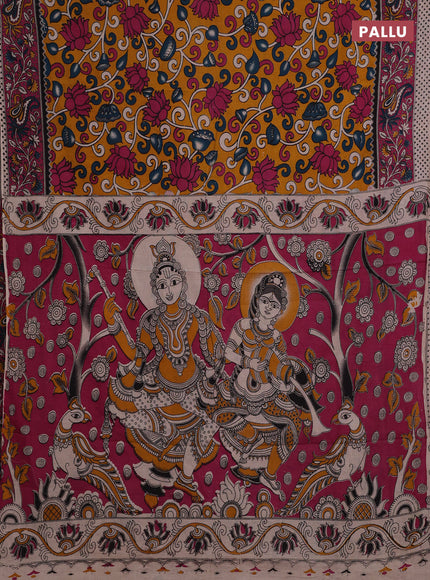 Mustard Yellow & Pink Kalamkari Cotton Saree