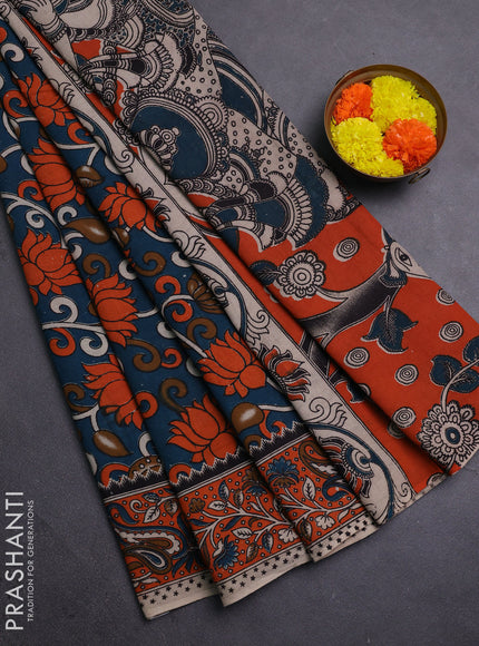 Peacock Green & Orange Kalamkari Cotton Saree