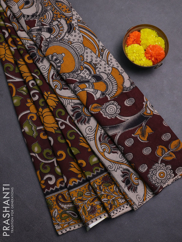 Coffee Brown & Yellow Kalamkari Cotton Saree