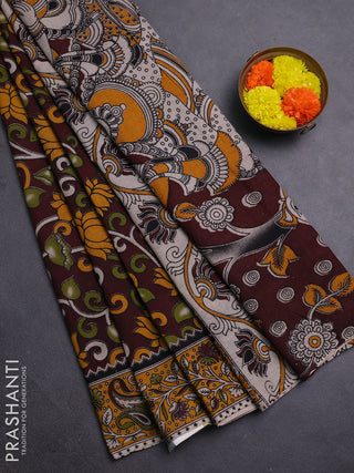 Coffee Brown & Yellow Kalamkari Cotton Saree