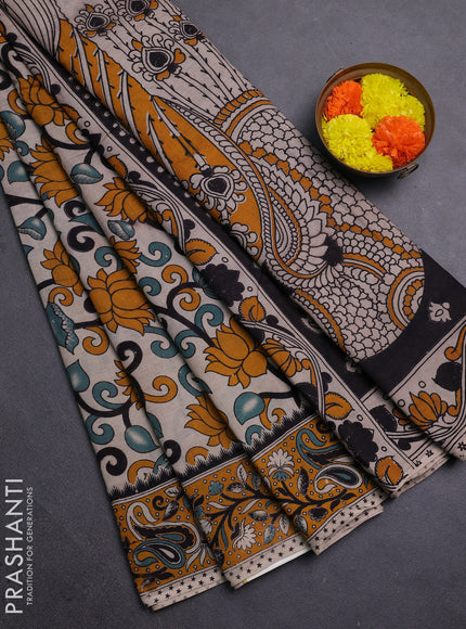 Beige & Mustard Yellow Kalamkari Cotton Saree