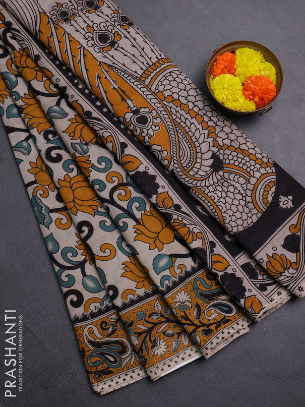 Beige & Mustard Yellow Kalamkari Cotton Saree