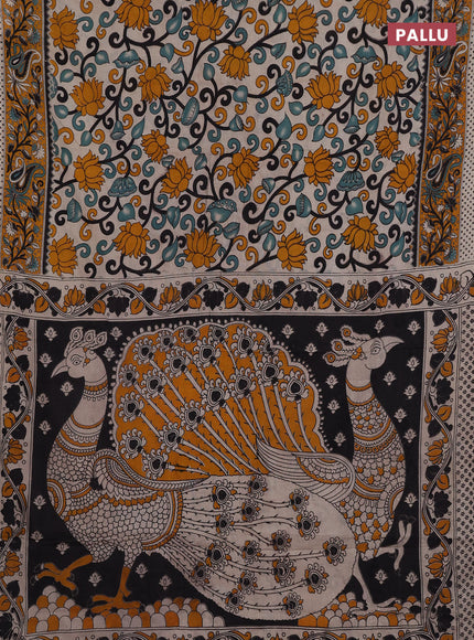 Beige & Mustard Yellow Kalamkari Cotton Saree