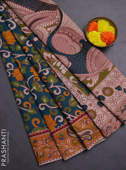 Peacock Green & Yellow Kalamkari Cotton Saree