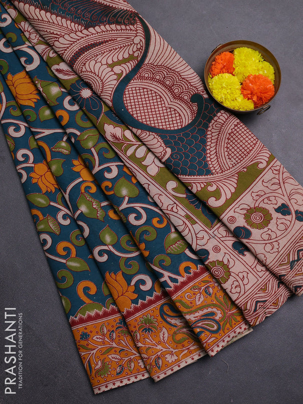 Peacock Green & Yellow Kalamkari Cotton Saree