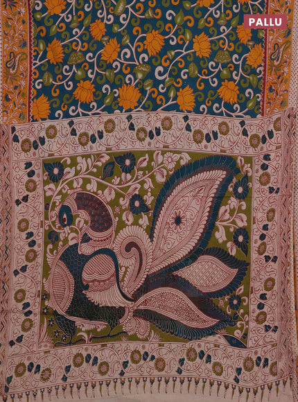 Peacock Green & Yellow Kalamkari Cotton Saree