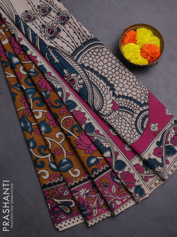 Mustard Yellow & Pink Kalamkari Cotton Saree