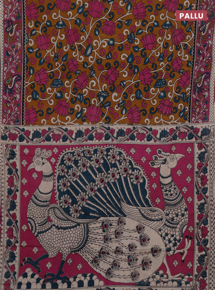 Mustard Yellow & Pink Kalamkari Cotton Saree