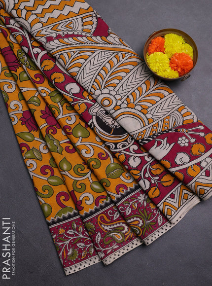Mustard Yellow & Magenta Pink Kalamkari Cotton Saree